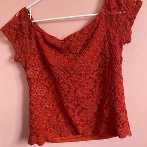 Lace/knit off the shoulder top, orangish red